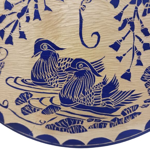 Asian Art Handcarved Wood 10" ROUND BLUE Block Painted BIRDS Ducks Water SIGNED - Picture 2 of 13